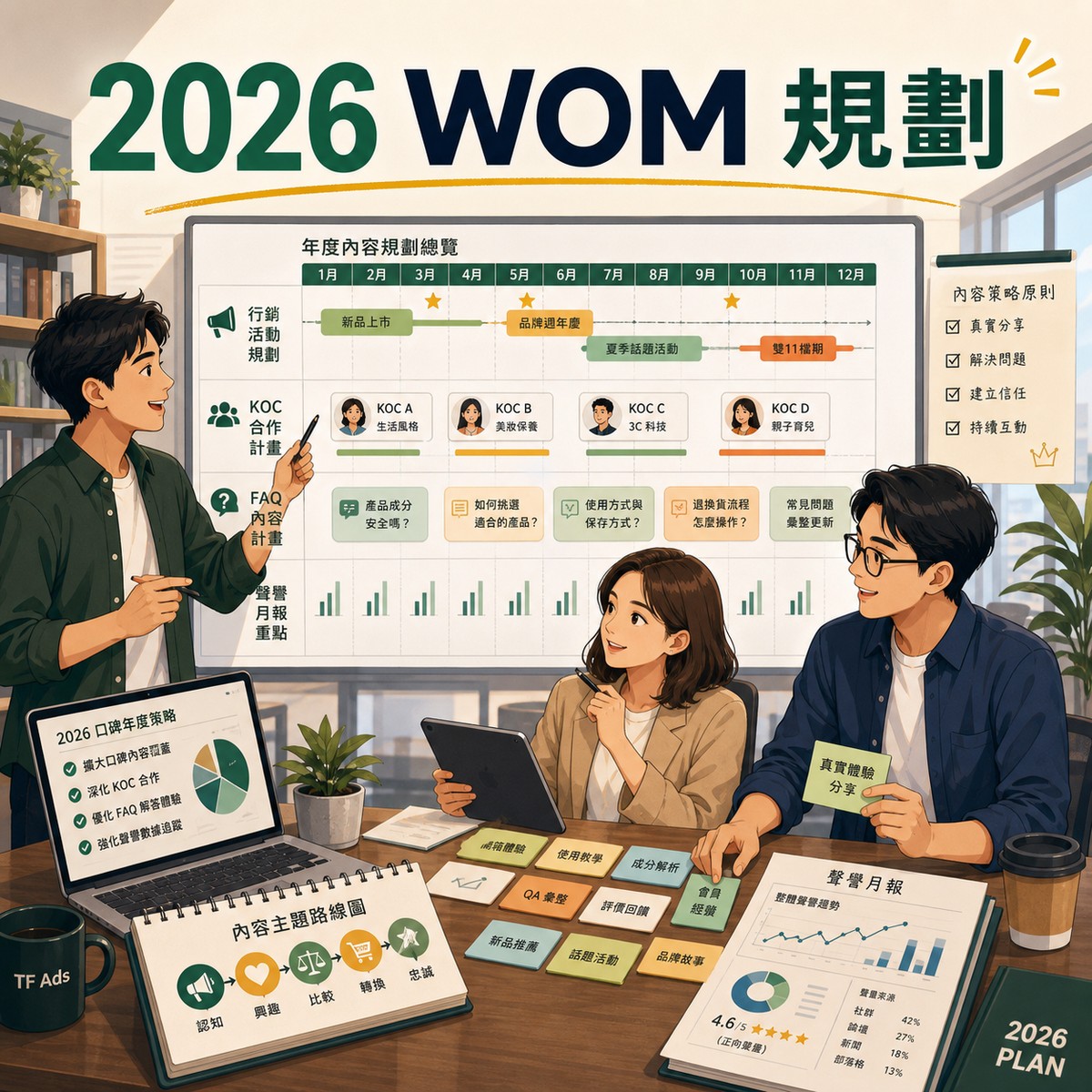 2026 WOM 年度內容規劃：檔期、KOC、FAQ 與聲譽月報怎麼排