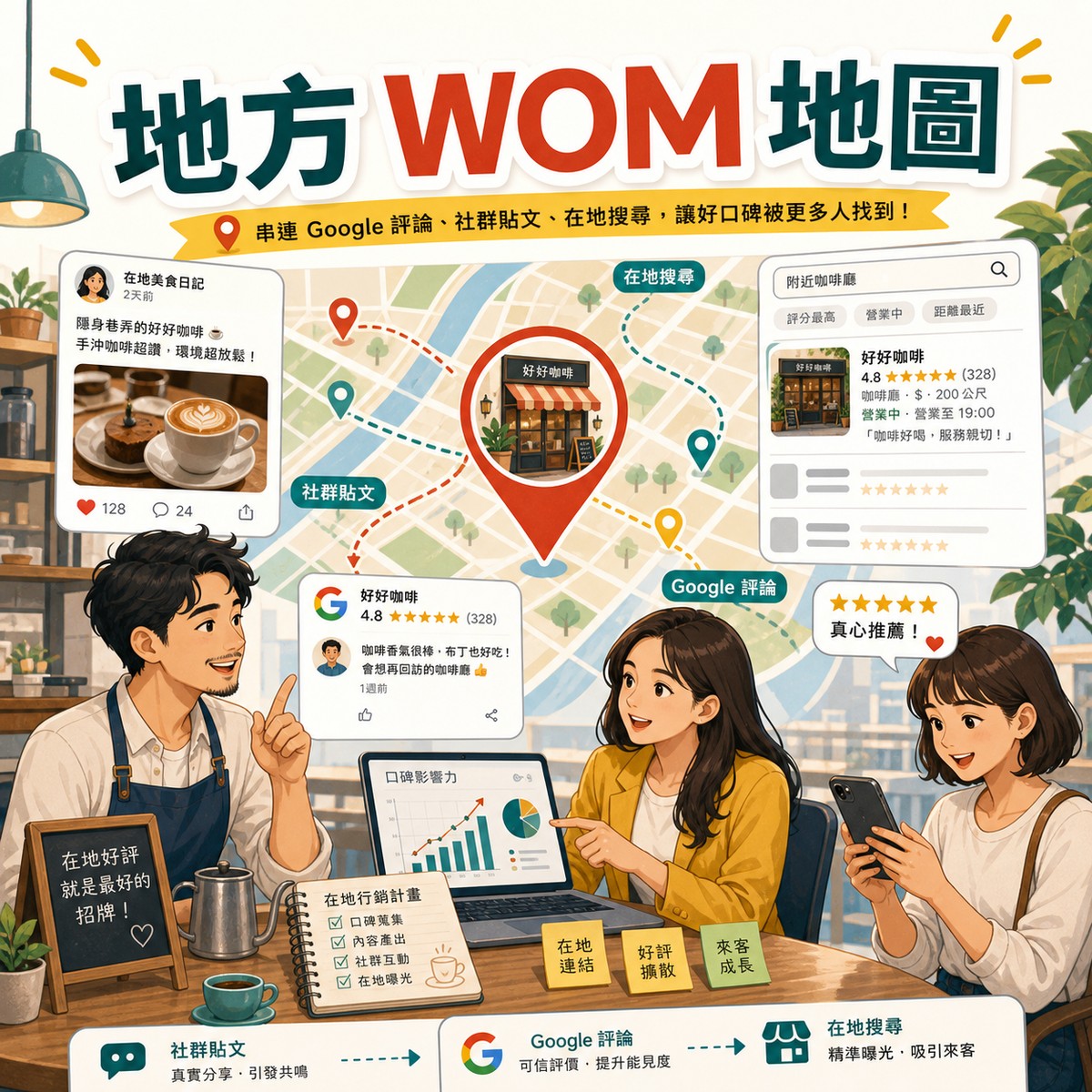 地方店家 WOM 地圖：Google 評論、社群貼文與在地搜尋怎麼串